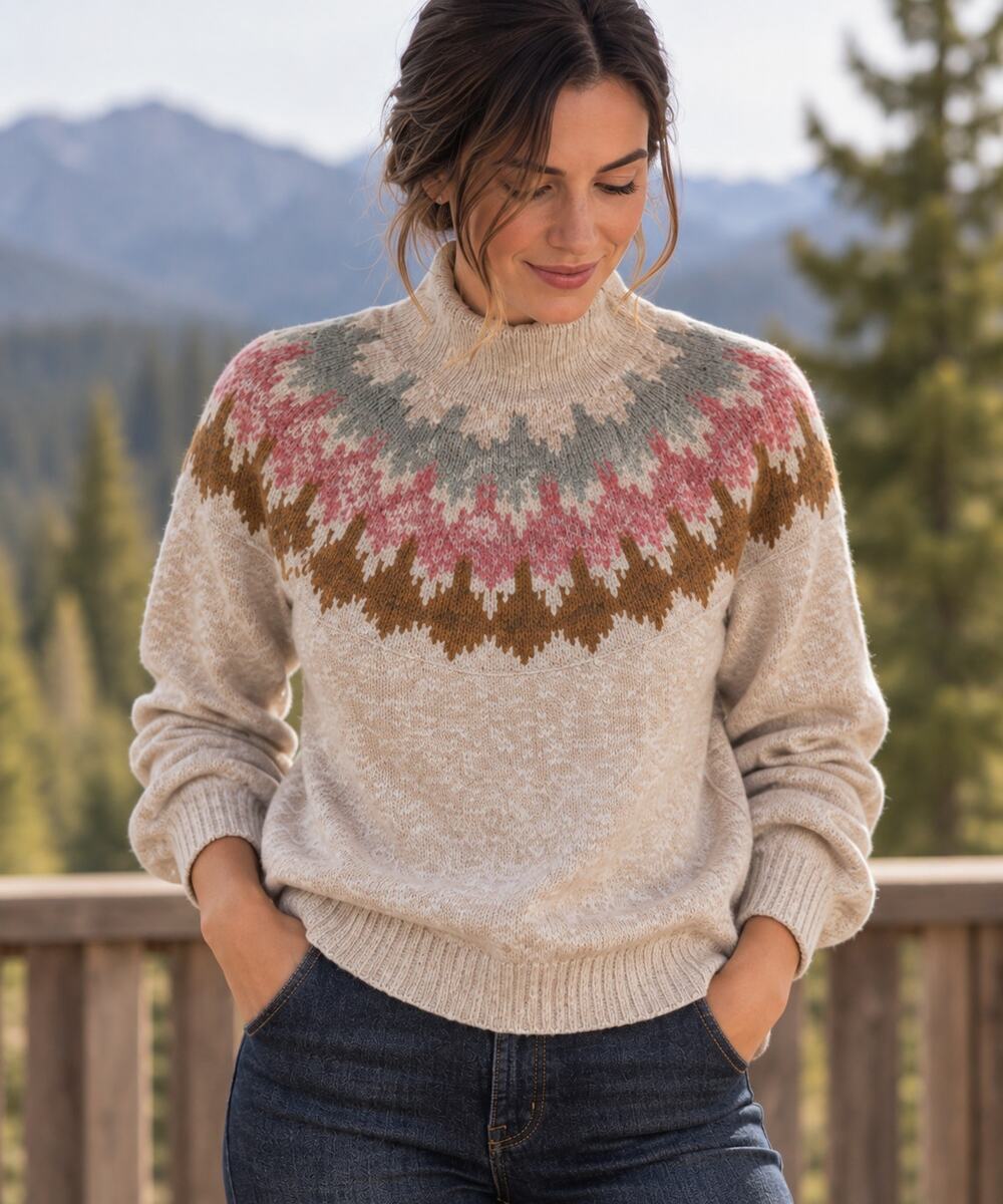 L.L Bean Fair Isle Knit Sweater Beige Cotton Nordic Pullover size M Petite